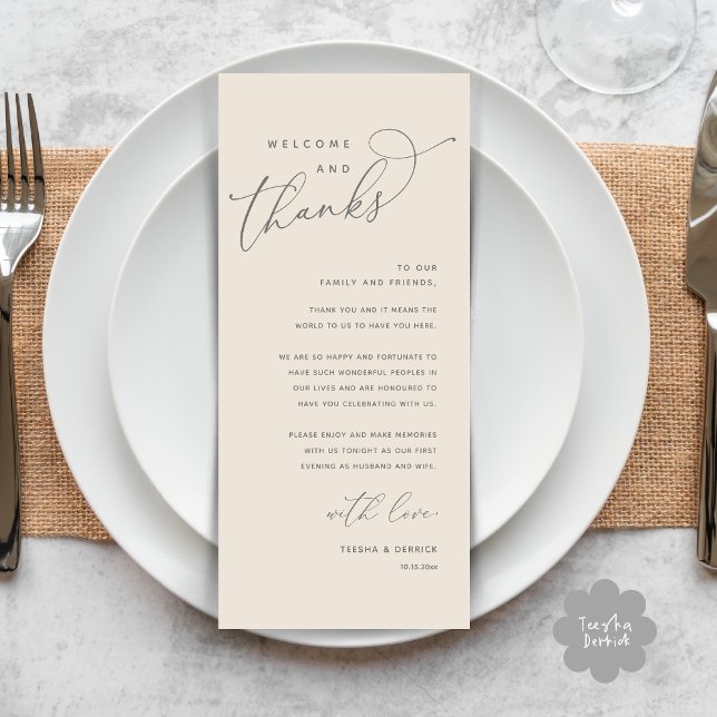 Welcome and Thanks, Place Setting Thank You Card (Welcome and Thanks, Modern Wedding Dinner Brunch Lunch Place Setting Thank You Card in Cream Grey)