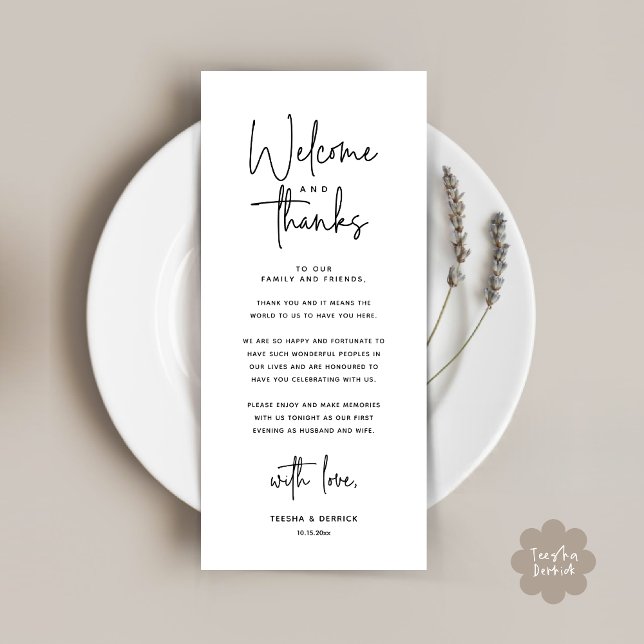 Welcome and Thanks, Place Setting Thank You Card (Welcome and Thanks, Modern Wedding Dinner Brunch Lunch Place Setting Thank You Card in White Black)