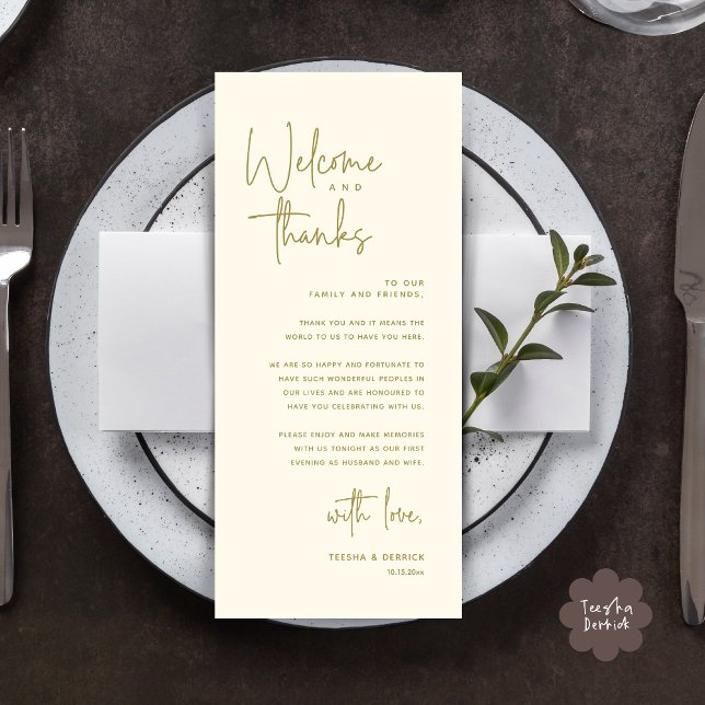 Welcome and Thanks, Place Setting Thank You Card (Welcome and Thanks, Modern Wedding Dinner Brunch Lunch Place Setting Thank You Card in Yellow Gold)