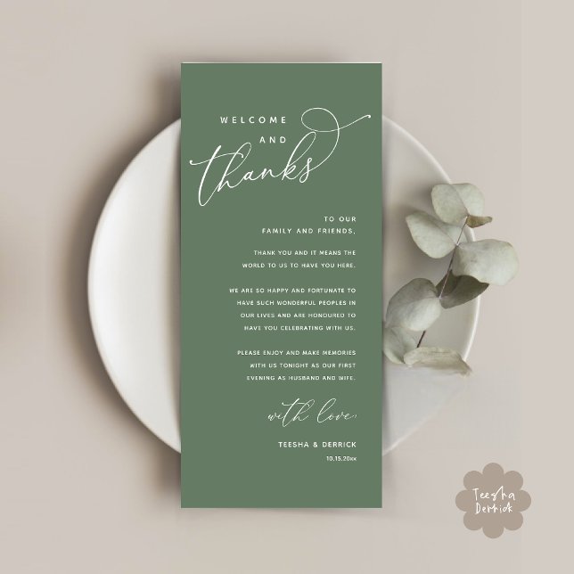 Welcome and Thanks, Place Setting Thank You Card (Welcome and Thanks, Modern Wedding Dinner Brunch Lunch Place Setting Thank You Card in Sage Green)
