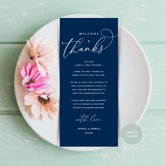 Welcome and Thanks, Place Setting Thank You Card (Welcome and Thanks, Modern Wedding Dinner Brunch Lunch Place Setting Thank You Card in Navy Blue)
