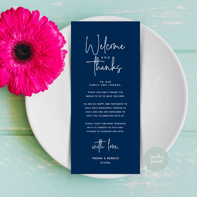 Welcome and Thanks, Place Setting Thank You Card (Welcome and Thanks, Modern Wedding Dinner Brunch Lunch Place Setting Thank You Card in Navy Blue)