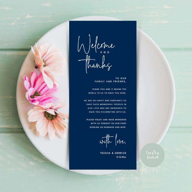 Welcome and Thanks, Place Setting Thank You Card (Welcome and Thanks, Modern Wedding Dinner Brunch Lunch Place Setting Thank You Card in Navy Blue)