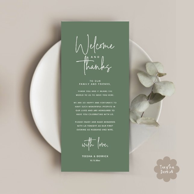Welcome and Thanks, Place Setting Thank You Card (Welcome and Thanks, Modern Wedding Dinner Brunch Lunch Place Setting Thank You Card in Sage Green)