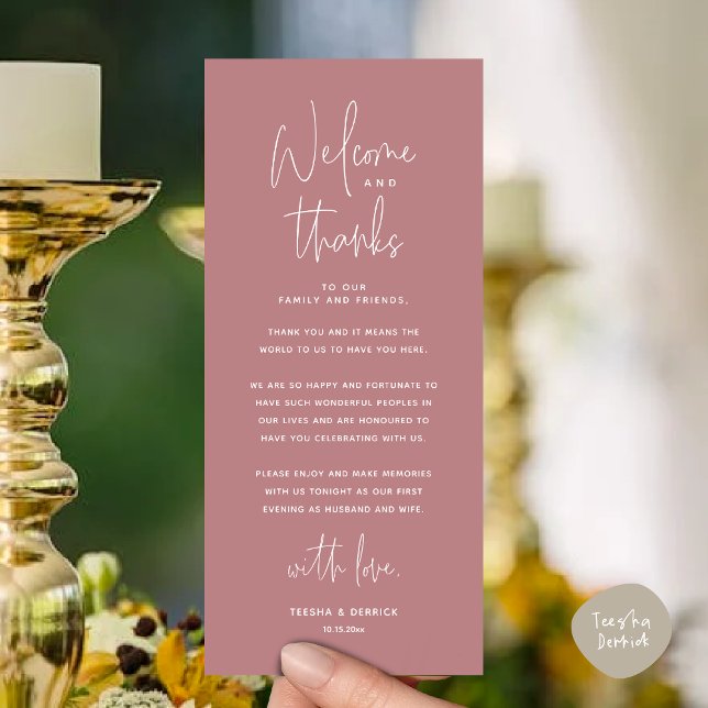 Welcome and Thanks, Place Setting Thank You Card (Welcome and Thanks, Modern Wedding Dinner Place Setting Thank You Card, Plate Decor, Dusty Rose Pink)