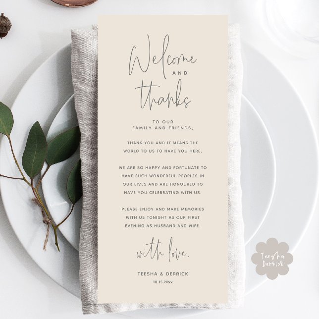 Welcome and Thanks, Place Setting Thank You Card (Welcome and Thanks, Modern Wedding Dinner Place Setting Thank You Card, Plate Decor, Cream Grey)