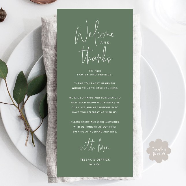 Welcome and Thanks, Place Setting Thank You Card (Welcome and Thanks, Modern Wedding Dinner Place Setting Thank You Card, Plate Decor, Sage Green)