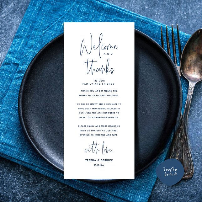 Welcome and Thanks, Place Setting Thank You Card (Welcome and Thanks, Wedding Dinner Place Setting Thank You Card, in Classy Navy Blue)