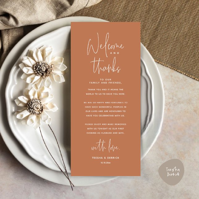 Welcome and Thanks, Place Setting Thank You Card (Welcome and Thanks, Wedding Dinner Place Setting Thank You Card, in Classy Copper Brown)