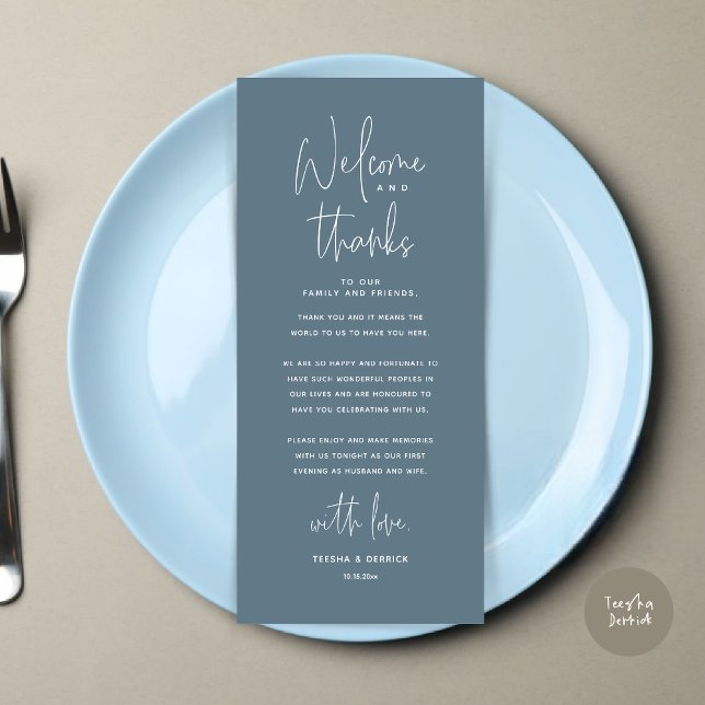 Welcome and Thanks, Place Setting Thank You Card (Welcome and Thanks, Wedding Dinner Place Setting Thank You Card, in Classy Dusty Blue)