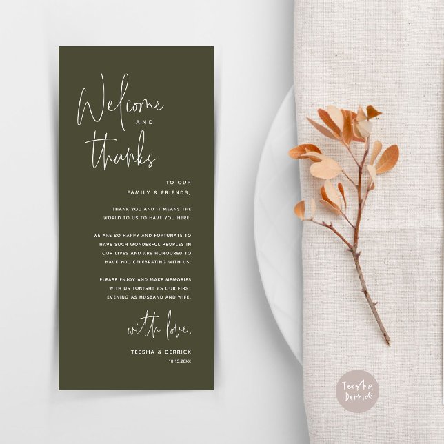 Welcome and Thanks, Place Setting Thank You Card (Welcome and Thanks, Wedding Dinner Place Setting Thank You Card in Olive Green)