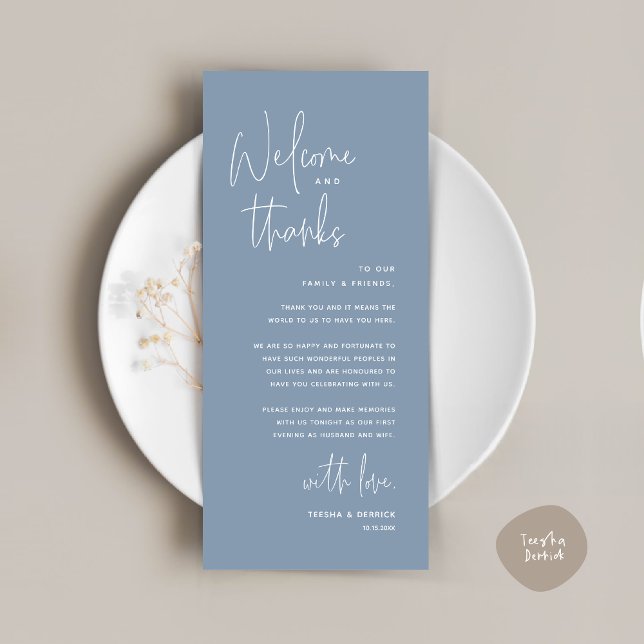 Welcome and Thanks, Place Setting Thank You Card (Welcome and Thanks, Wedding Dinner Place Setting Thank You Card in Dusty Blue)