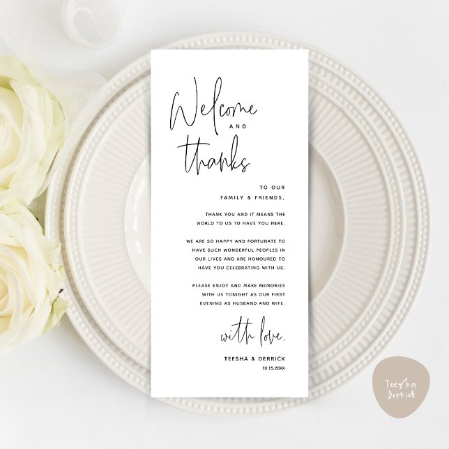 Welcome and Thanks, Place Setting Thank You Card (Welcome and Thanks, Wedding Dinner Place Setting Thank You Card in Black and White)