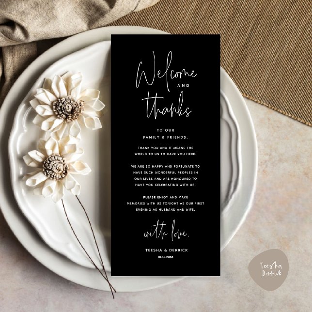 Welcome and Thanks, Place Setting Thank You Card (Welcome and Thanks, Wedding Dinner Place Setting Thank You Card in Classy Black)