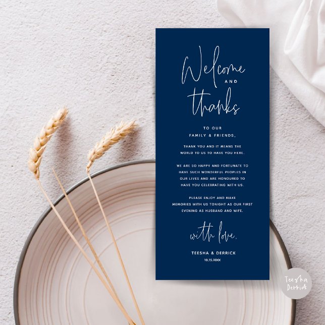 Welcome and Thanks, Place Setting Thank You Card (Welcome and Thanks, Wedding Dinner Place Setting Thank You Card in Classy Navy Blue)
