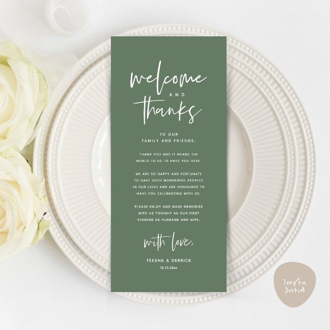 Welcome and Thanks, Place Setting Thank You Card (Welcome and Thanks, Modern Wedding Dinner Brunch Party Place Setting Thank You Card Sage Green)