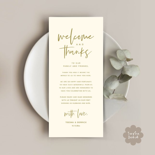 Welcome and Thanks, Place Setting Thank You Card (Welcome and Thanks, Modern Wedding Dinner Brunch Party Place Setting Thank You Card Yellow Gold)