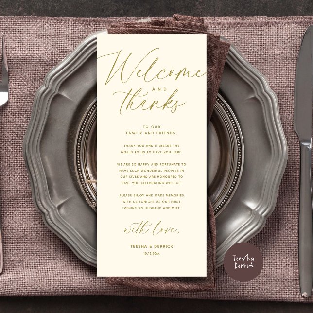 Welcome and Thanks, Place Setting Thank You Card (Welcome and Thanks, Wedding Dinner Place Setting Thank You Card Modern Romantic Yellow Gold)