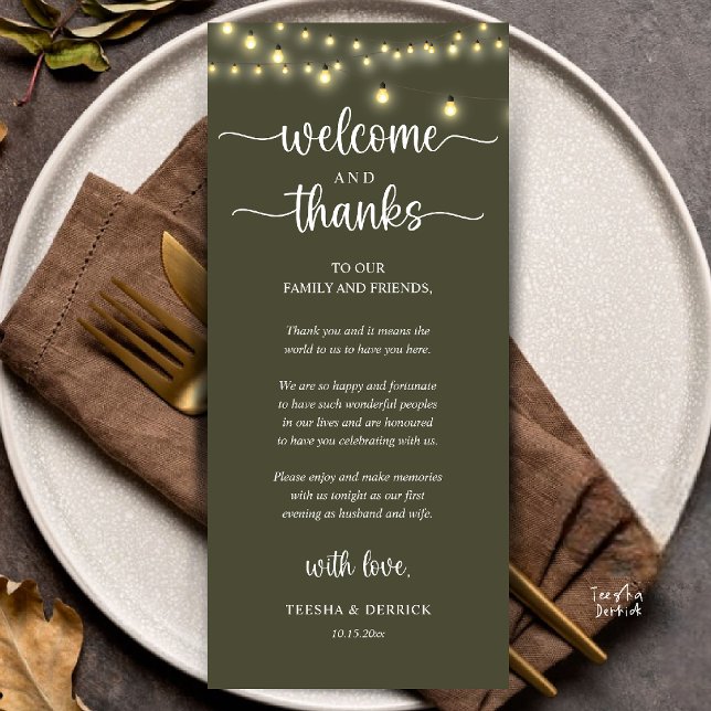 "Welcome and Thanks" Rustic Reception Guest Card ("Welcome and Thanks" Rustic Reception dinner Guest thank you Card in string lights olive green)