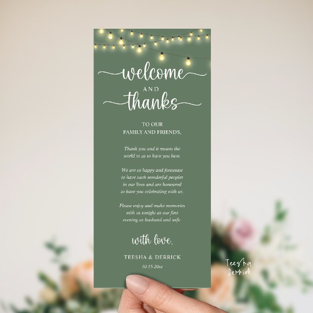 "Welcome and Thanks" Rustic Reception Guest Card ("Welcome and Thanks" Rustic Reception dinner Guest thank you Card in string lights sage green)