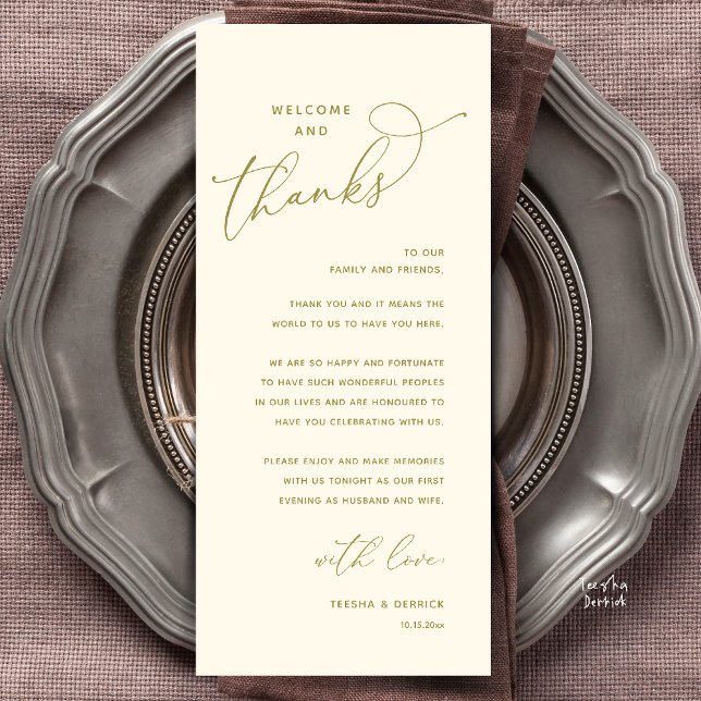 Welcome and Thanks, Wedding Dinner Thank You Card (Welcome and Thanks, Happily Ever After Modern Wedding Dinner Thank You Card in Classy Yellow Gold)