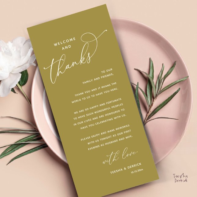 Welcome and Thanks, Wedding Dinner Thank You Card (Welcome and Thanks, Happily Ever After Modern Wedding Dinner Thank You Card in Classy Yellow Gold)
