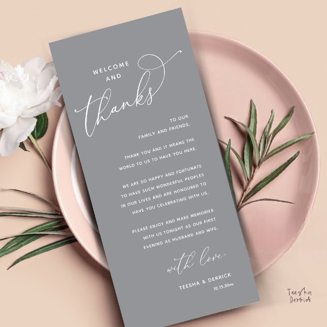 Welcome and Thanks, Wedding Dinner Thank You Card (Welcome and Thanks, Happily Ever After Modern Wedding Dinner Thank You Card in Classy Dark Grey)