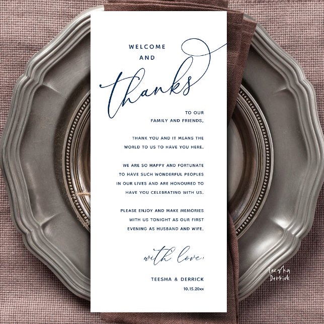 Welcome and Thanks, Wedding Dinner Thank You Card (Welcome and Thanks, Happily Ever After Modern Wedding Dinner Thank You Card in Classy Navy Blue)