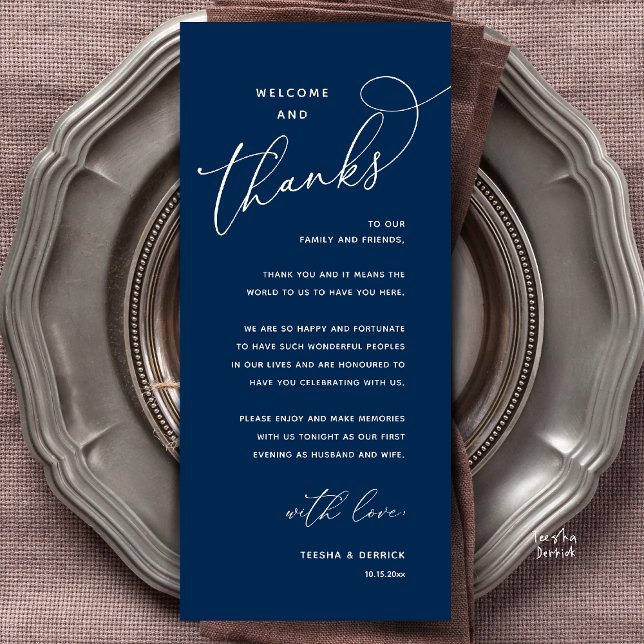 Welcome and Thanks, Wedding Dinner Thank You Card (Welcome and Thanks, Happily Ever After Modern Wedding Dinner Thank You Card in Classy Navy Blue)