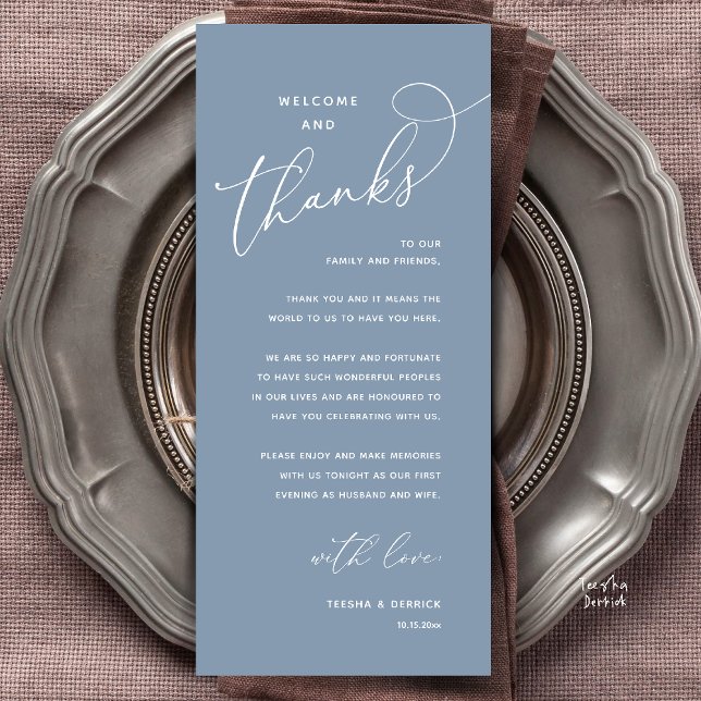 Welcome and Thanks, Wedding Dinner Thank You Card (Welcome and Thanks, Happily Ever After Modern Wedding Dinner Thank You Card in Classy Dusty Blue)