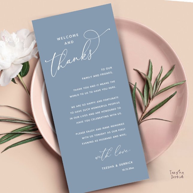 Welcome and Thanks, Wedding Dinner Thank You Card (Welcome and Thanks, Happily Ever After Modern Wedding Dinner Thank You Card in Classy Dusty Blue)