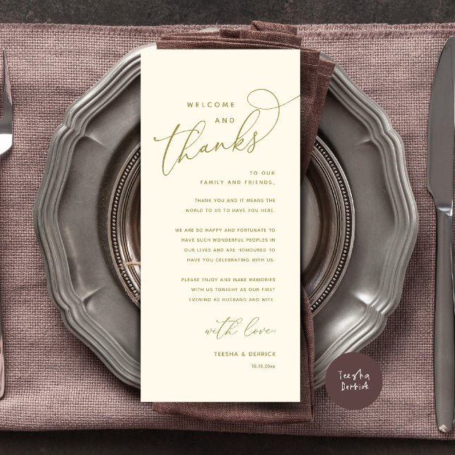 Welcome and Thanks, Wedding Dinner Thank You Card (Welcome n Thanks Wedding Reception Dinner Brunch Lunch Thank You Card in Yellow Gold)