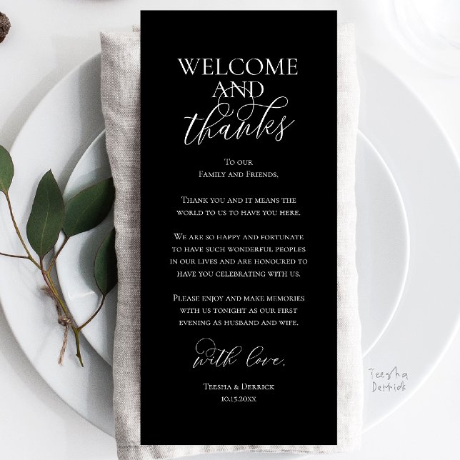 Welcome and Thanks Wedding Dinner Thank You Card (Welcome and Thanks Wedding Reception Dinner Celebration Thank You Card in Classy Black)