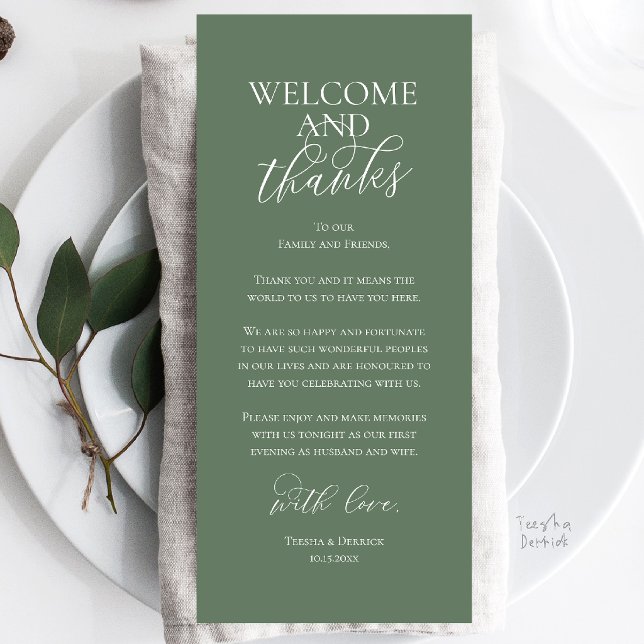 Welcome and Thanks Wedding Dinner Thank You Card (Welcome and Thanks Wedding Reception Dinner Celebration Thank You Card in Sage Green)