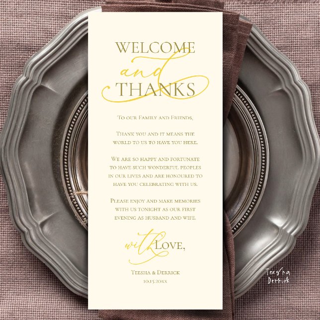 Welcome and Thanks, Wedding Dinner Thank You Card (Welcome and Thanks, Wedding Dinner Thank You Card in Yellow Gold)