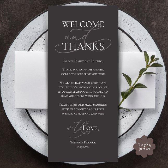 Welcome and Thanks, Wedding Dinner Thank You Card (Welcome and Thanks, Wedding Dinner Thank You Card in Charcoal Grey)