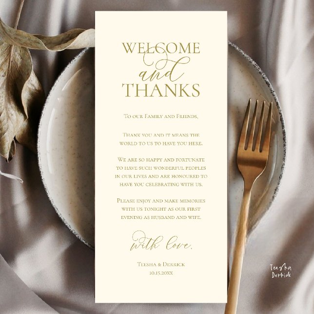 Welcome and Thanks Wedding Dinner Thank You Card (Welcome and Thanks Wedding Reception Dinner Thank You Card in Yellow Gold)