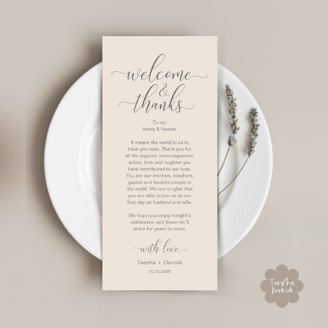 Welcome and Thanks Wedding Place Setting Card (Modern Wedding Dinner Brunch Lunch Table Place Setting Thank You Card in Classy Cream Grey)