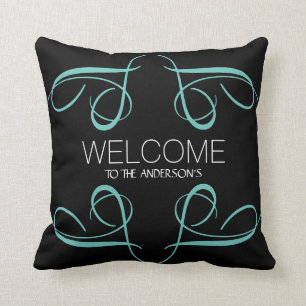 Welcome Any Family Name Black Teal Swirls Cushion