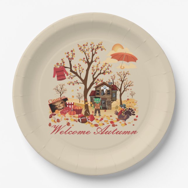 Welcome Autumn Fall Elements and Scenery Paper Plate (Front)