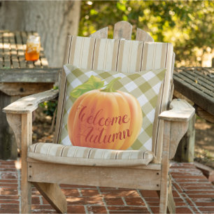 Welcome Autumn Harvest Pumpkin On Gingham Cushion