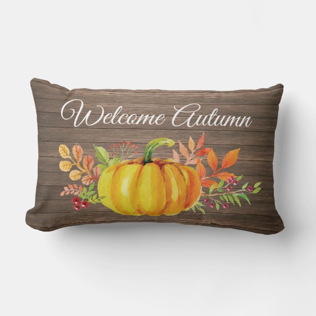 Welcome Autumn Rustic Watercolor Pumpkin Lumbar Cushion (Front)