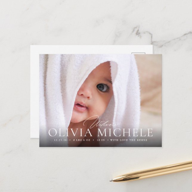 Welcome Baby Birth Photo Announcement Postcard Gir (Front/Back In Situ)