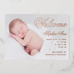 Welcome Baby Birth Photo Elegant Script Rose Gold 