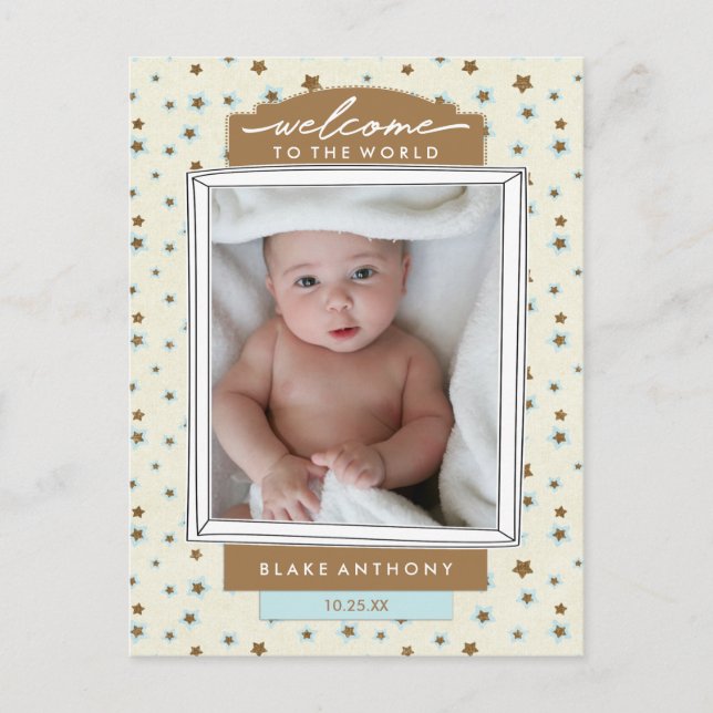 Welcome Baby Boy Birth Announcement Blue Stars Postcard (Front)