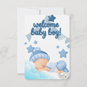 Welcome Baby Boy Blue Teddy Bear Baby Shower Greet Invitation