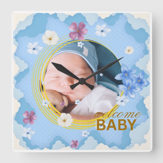 Welcome Baby Boy Custom Photo Coffee Mug Square Wall Clock (Front)