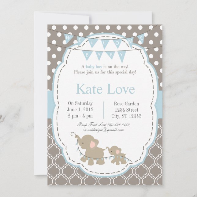 Welcome Baby Boy Elephant 5" x 7" Invitations (Front)
