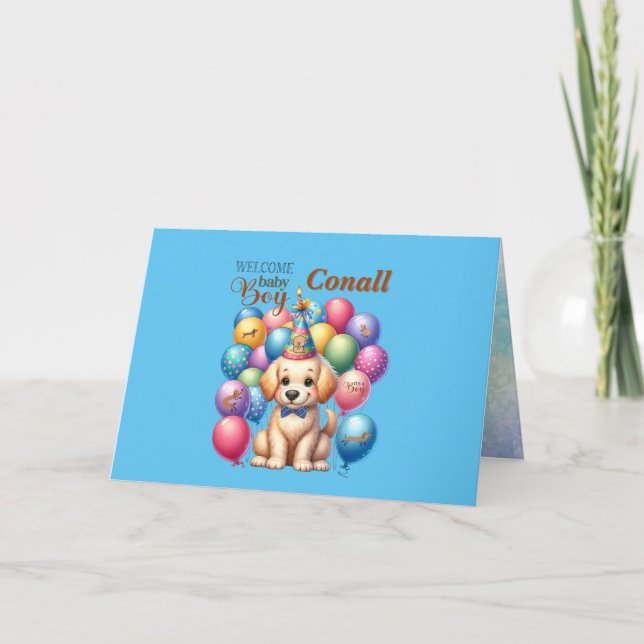 Welcome Baby Boy Puppy Dog and Balloons  Card (Front)