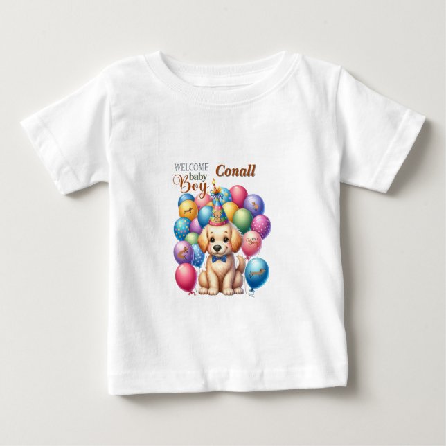 Welcome Baby Boy Puppy Dog and Balloons Design Baby T-Shirt (Front)